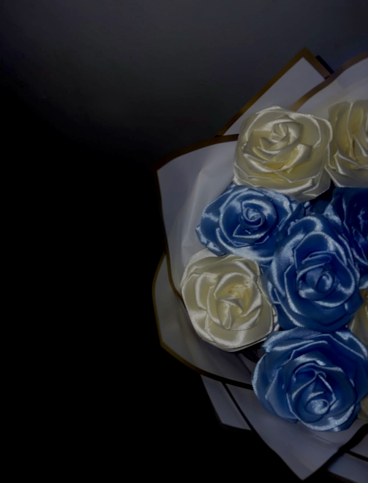 Close view of blue and cream satin ribbon roses